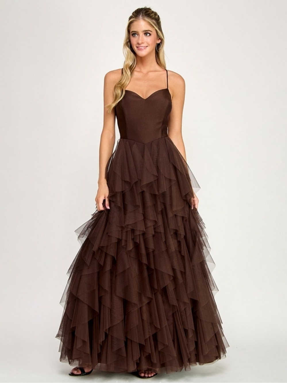 City Studios Dress Brown Open Back Mesh Cascade Layered Gown Size 15/16 Bra